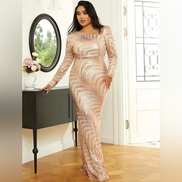 PLUS GOLD ASYMMETRICAL NECKLINE FORMAL MERMAID DRESS - Picture 1 of 12